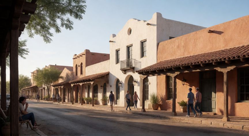que ocurrio con la gente que vive en los territorios que dejaron de ser parte de mexico, Vista urbana contemporánea en el suroeste de EE.UU. mostrando la fusión de arquitectura española y estilo americano moderno