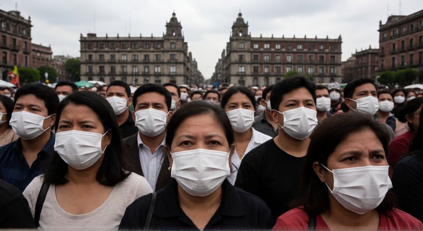 qué ocurrió con la gripe porcina en nuestro país y en el mundo, Multitud con mascarillas en una plaza pública durante la pandemia de gripe porcina