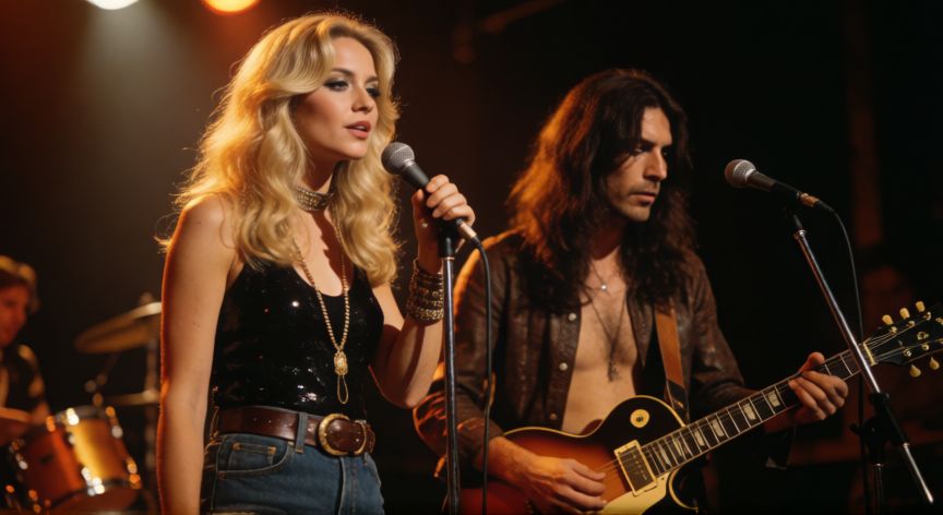 que ocurrio con la hija de albano y romina power, Fotografía vintage de una cantante y un guitarrista en escenario en los años 70