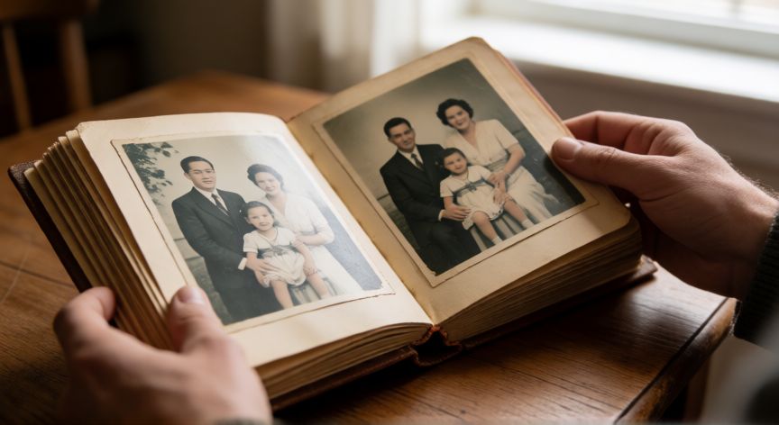 que ocurrio con la hija de anabel pantoja, Manos sosteniendo un álbum de fotos familiar antiguo sobre una mesa