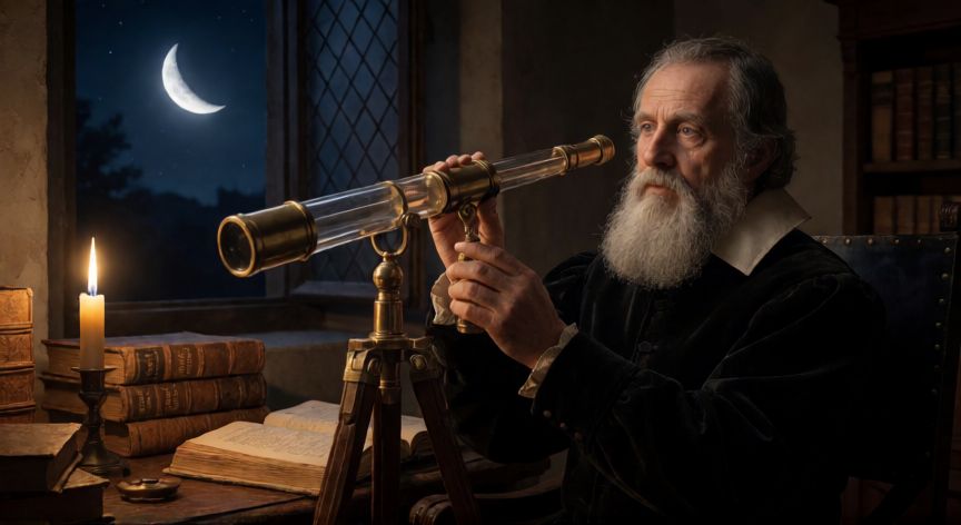 qué ocurrió con la invención del telescopio, Galileo Galileo observando el cielo con un telescopio antiguo en su estudio nocturno