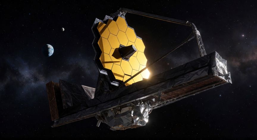 qué ocurrió con la invención del telescopio, Telescopio espacial James Webb en el espacio profundo con su espejo dorado y la Tierra de fondo
