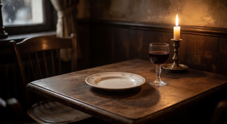 que ocurrio con la oreja de van gogh, Mesa de café antigua con plato y vino en ambiente victoriano