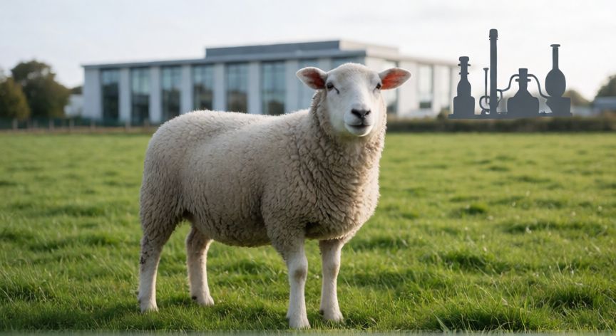 que ocurrio con la oveja dolly, Oveja blanca en un prado verde con laboratorios al fondo