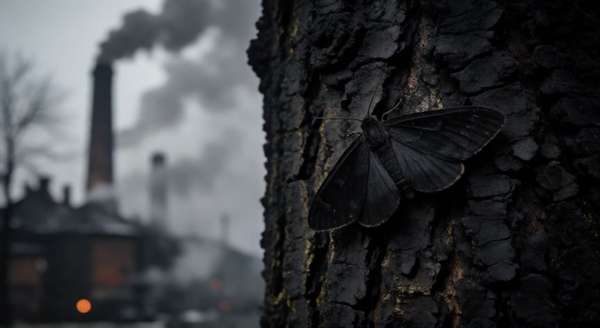 que ocurrio con la poblacion de polillas durante la revolucion industrial, Polilla melánica oscura camuflada en corteza de árbol cubierta de hollín durante la Revolución Industrial