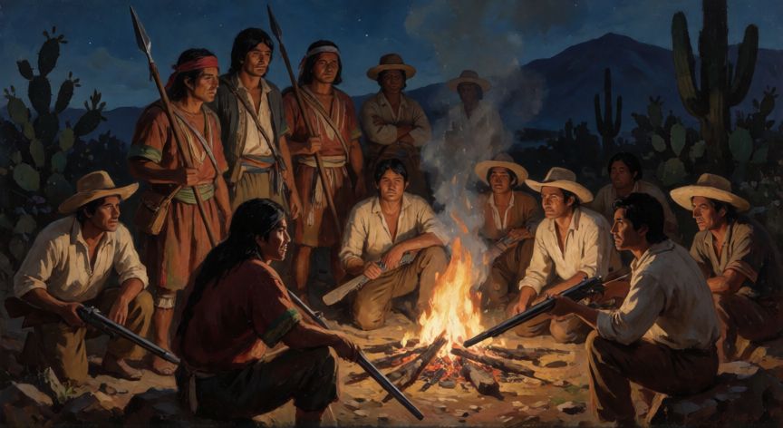 qué ocurrió con la sociedad mexicana durante la guerra por la independencia, Soldados insurgentes mexicanos de diversas etnias reunidos en una campamento durante la guerra de independencia
