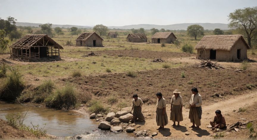 qué ocurrió con la sociedad mexicana durante la guerra por la independencia, Paisaje rural mexicano abandonado y campesinos fatigados tras los conflictos de la independencia
