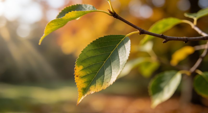 qué ocurrió con las hojas del árbol, Detalle de una hoja verde con bordes amarillentos en rama