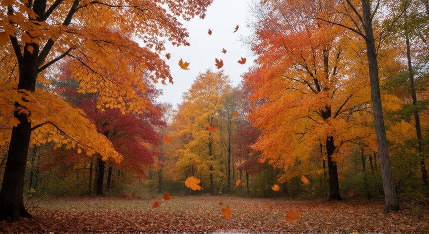 qué ocurrió con las hojas del árbol, Bosque otoñal con hojas cayendo al suelo