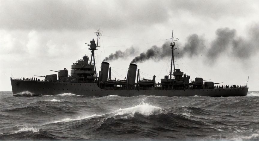 que ocurrio con las islas malvinas, Buque de guerra en el mar durante la época de la guerra de las Malvinas con humo y olas fuertes