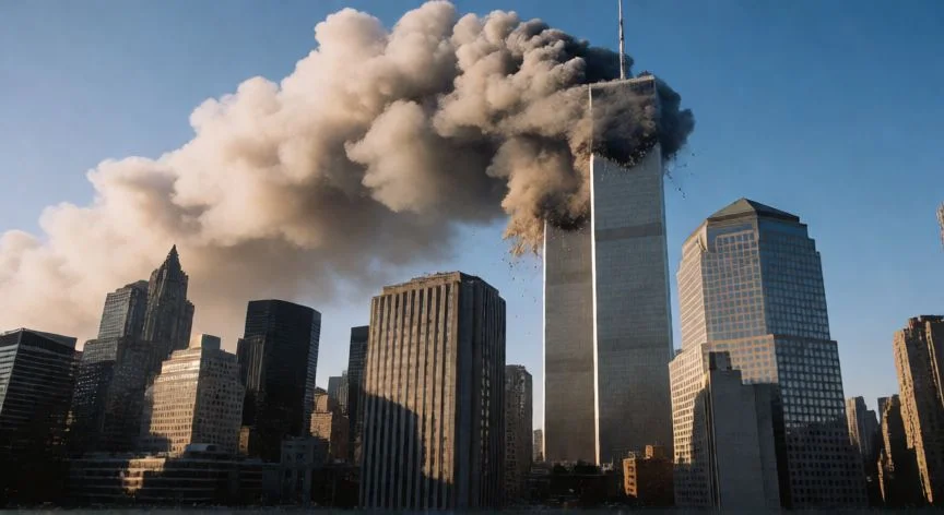 Torre Norte del World Trade Center en llamas tras el impacto del 11-S