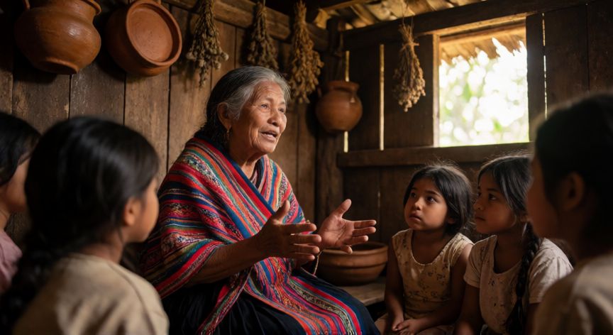 qué ocurrió con los idiomas y costumbres de los pueblos originarios, Mujer anciana indígena transmitiendo su lengua y tradiciones a niños en una comunidad rural