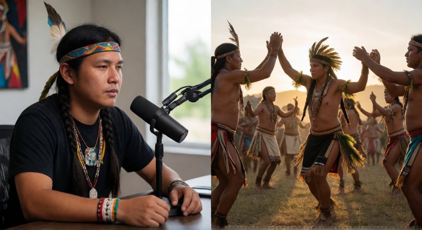 qué ocurrió con los idiomas y costumbres de los pueblos originarios, Joven indígena utilizando tecnología para preservar su cultura y comunidad realizando una ceremonia tradicional
