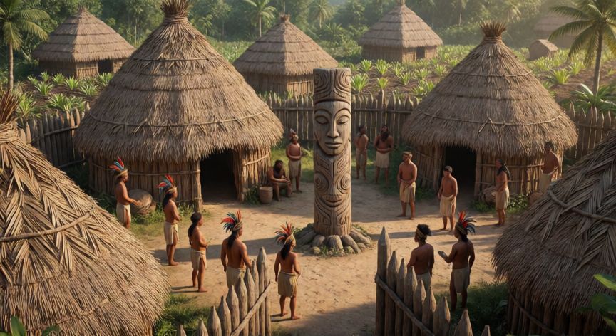 que ocurrio con los taínos, Reconstrucción histórica de una aldea taína con cabañas de palma y una zemí tallada