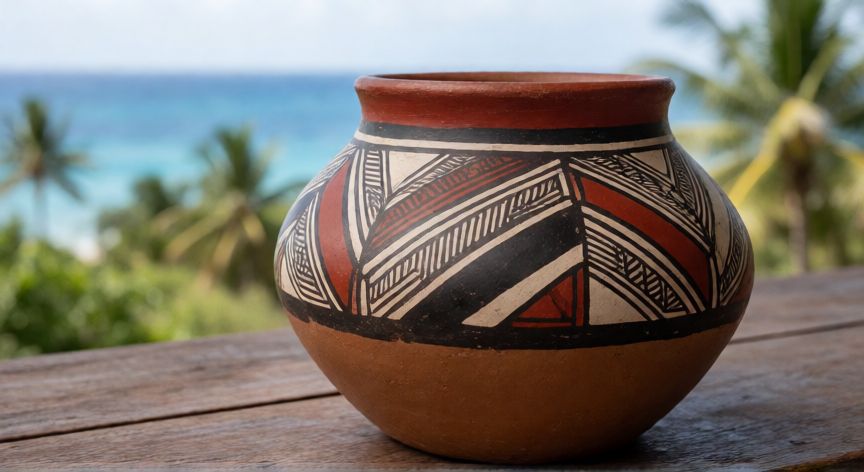 que ocurrio con los taínos, Cerámica taína tradicional con diseños geométricos sobre una mesa de madera