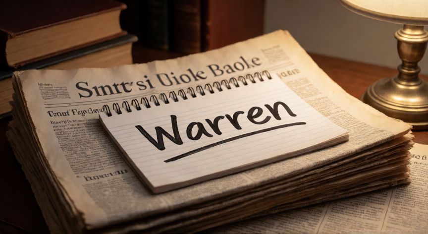 que ocurrio con los warren, Pila de periódicos y libros con una libreta que dice Warren sugiriendo investigación