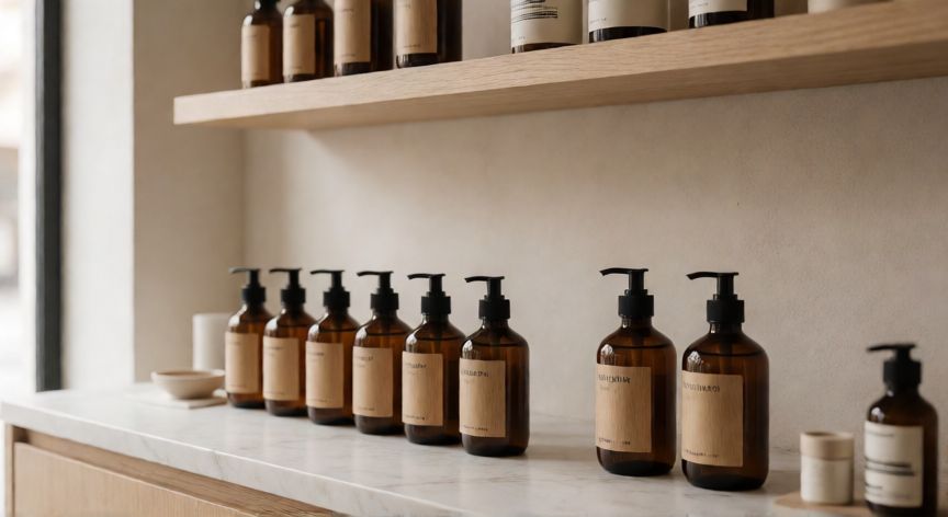 que ocurrio con marina d'or, Productos de cosmética natural en una estantería minimalista
