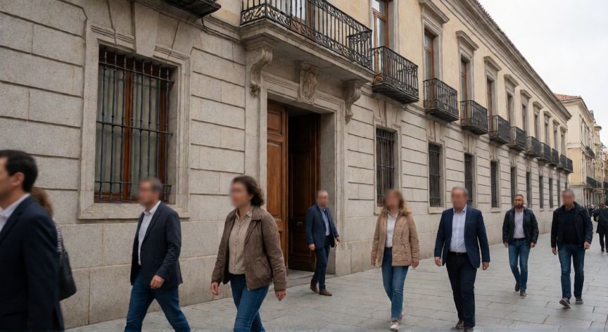 que ocurrio con marta gomez montero, Fachada de un juzgado público en España con transeúntes difuminados