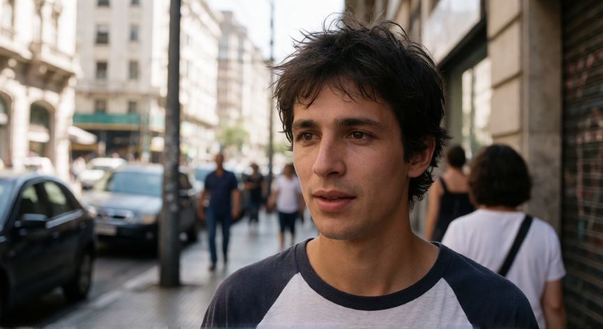 que ocurrio con mondongo, Hombre joven con expresión confundida en una calle de Buenos Aires estilo foto realista