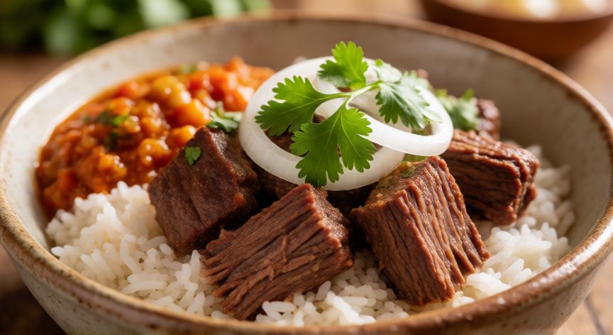 que ocurrio con mondongo en puerto rico, Plato de guiso de tripa tradicional puertorriqueño con arroz