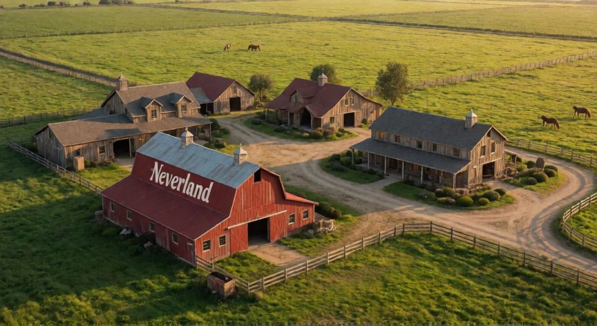 que ocurrió con neverland, Vista aérea de la mansión Neverland de Michael Jackson con el granero rojo característico