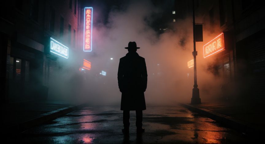que ocurrio con nicodemo, Silueta misteriosa en calle urbana nocturna con niebla y luces neón