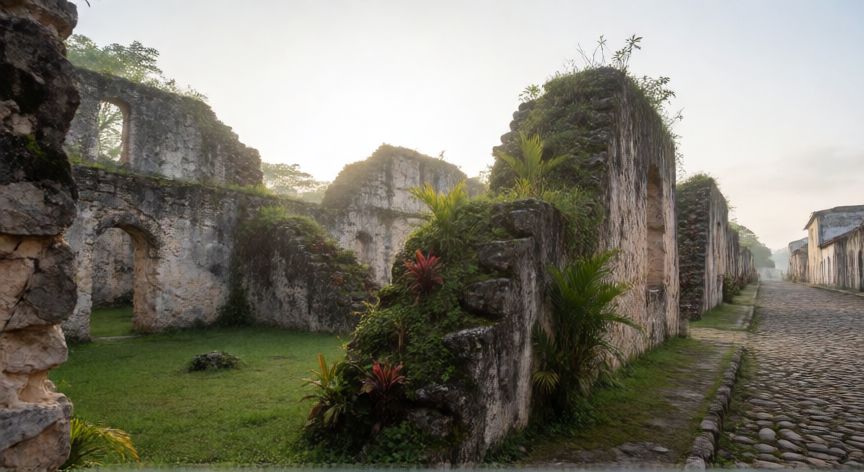 qué ocurrió con panamá la vieja, Ruinas coloniales de Panamá la Vieja con vegetación tropical