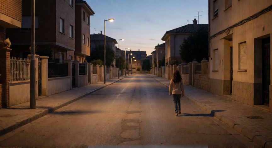 que ocurrio con paula vazquez, Calle residencial en Getafe al atardecer con una silueta lejana