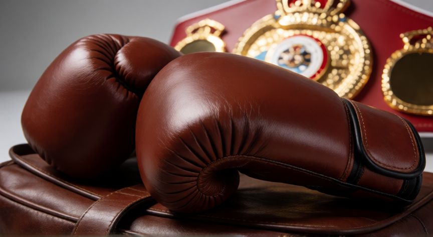 que ocurrio con prichard colon, Guantes de boxeo profesionales sobre un saco de entrenamiento con un cinturón al fondo