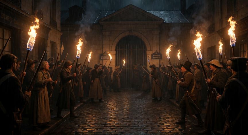 qué ocurrió con robespierre, Multitud revolucionaria asaltando la prisión donde estaba detenido Robespierre en París