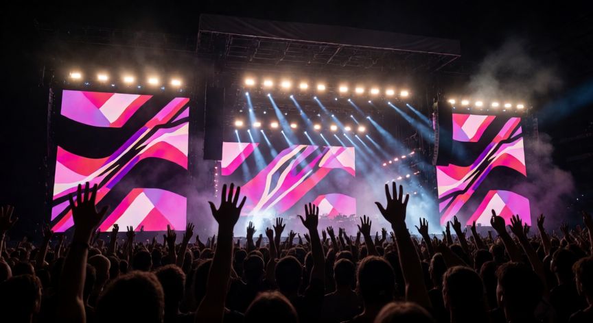 que ocurrio con rosalia, Escenario de concierto masivo con luces vibrantes y multitud entusiasta