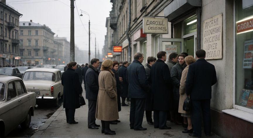 que ocurrio con rusia despues de la urss, Calle de Moscú en los años 90 mostrando las dificultades económicas tras la URSS