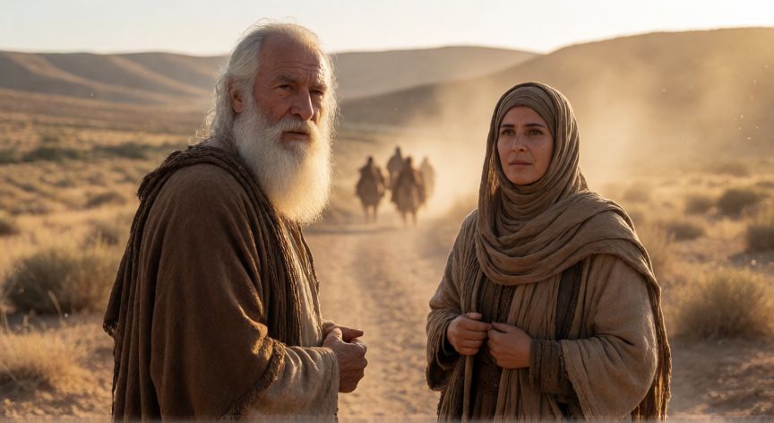 qué ocurrió con sara y abraham, Abraham y Sara caminando por un paisaje antiguo hacia la tierra prometida