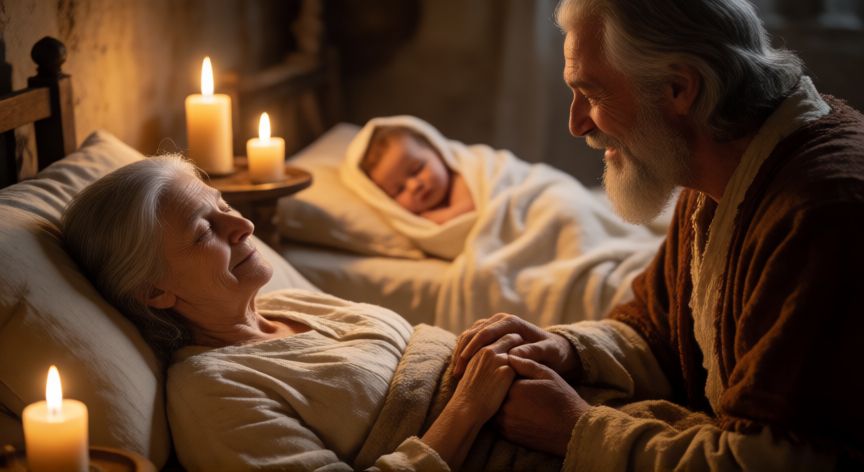 qué ocurrió con sara y abraham, Sara y Abraham junto al recién nacido Isaac en una escena íntima de alegría