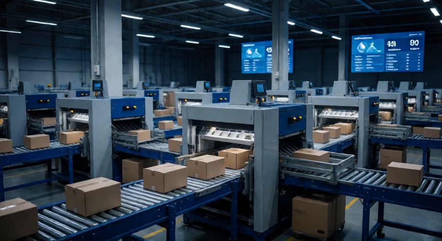 que ocurrio con shein y temu, Instalación logística automatizada procesando paquetes de comercio electrónico masivo