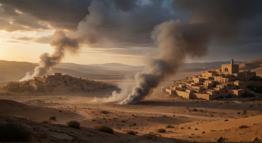 qué ocurrió con sodoma y gomorra, Vista panorámica de las ciudades antiguas de Sodoma y Gomorra antes de su destrucción