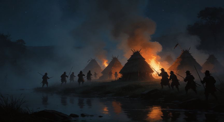 qué ocurrió con un pueblo de los pequot en 1637, Ilustración histórica de la masacre nocturna en Fort Mystic con chozas en llamas