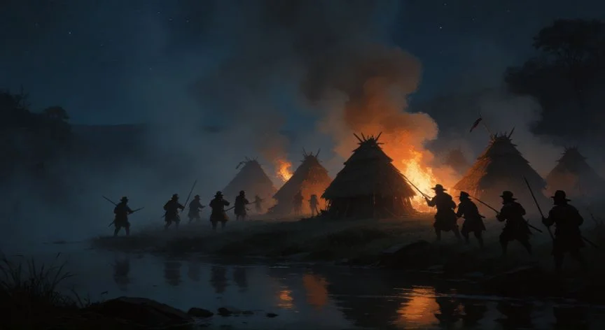 Ilustración histórica de la masacre nocturna en Fort Mystic con chozas en llamas