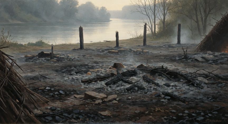 qué ocurrió con un pueblo de los pequot en 1637, Ruinas calcinadas de la aldea Pequot junto al río Connecticut tras la masacre