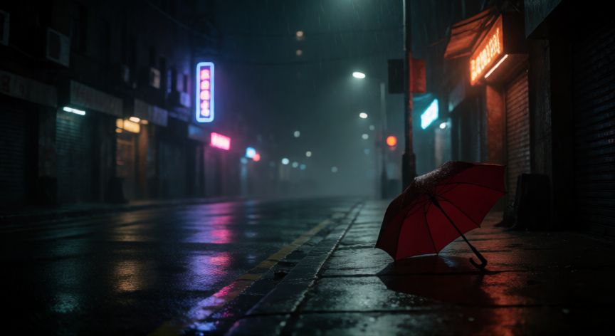 que ocurrio con valeria afanador, Calle urbana de noche con paraguas abandonado