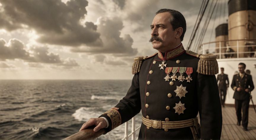 qué ocurrió con victoriano huerta en 1914, Victoriano Huerta embarcándose en un barco en 1914 hacia el exilio
