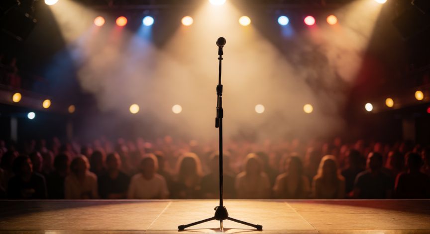qué ocurrió con yeison jiménez, Escenario vacío con luces de concierto y micrófono listo para el público