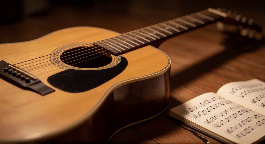 qué ocurrió con yeison jiménez, Guitarra acústica y partitura musical en una habitación con luz cálida
