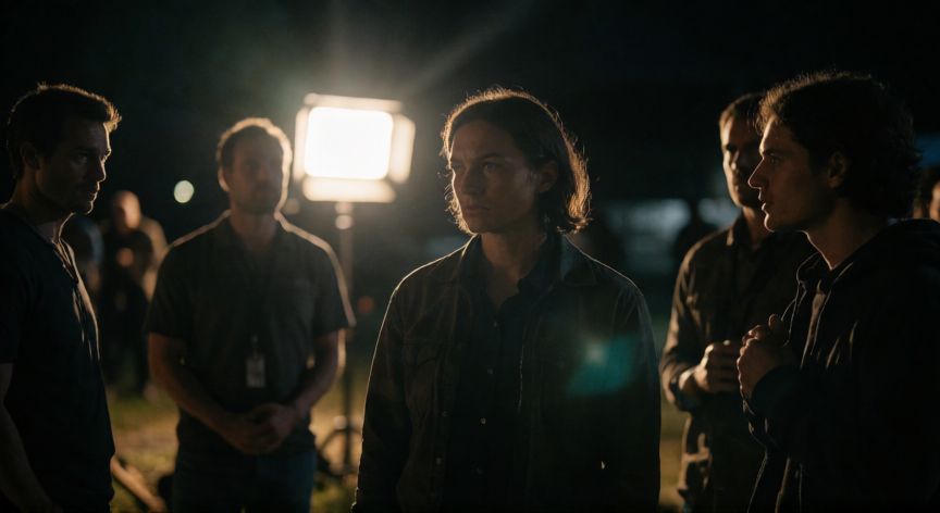 que ocurrio con zion, Set de rodaje cinematográfico nocturno con equipo técnico y atmósfera tensa