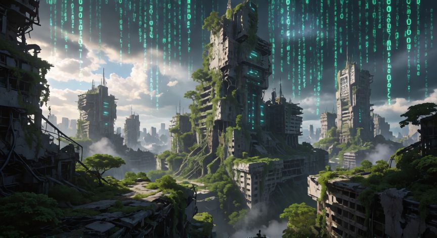que ocurrio con zion, Ruinas de una ciudad futurista estilo Matrix con código verde digital cayendo