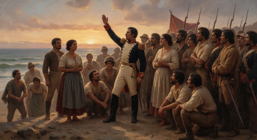 qué ocurrió cuando san martín desembarcó en paracas, Multitud de patriotas escuchando el discurso de independencia en Paracas