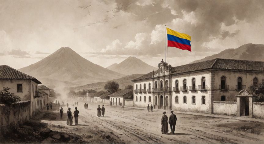 qué ocurrió después de la independencia de centroamérica en 1821, Vista histórica de una plaza central centroamericana con la bandera de la Primera República Federal bajo un volcán
