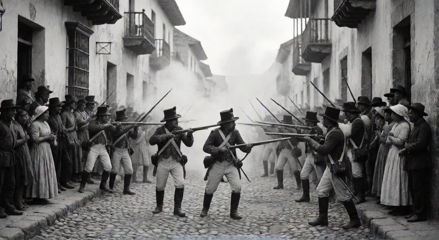 qué ocurrió después de la independencia de centroamérica en 1821, Escena de conflicto armado en calles coloniales de Centroamérica durante las guerras de la década de 1840