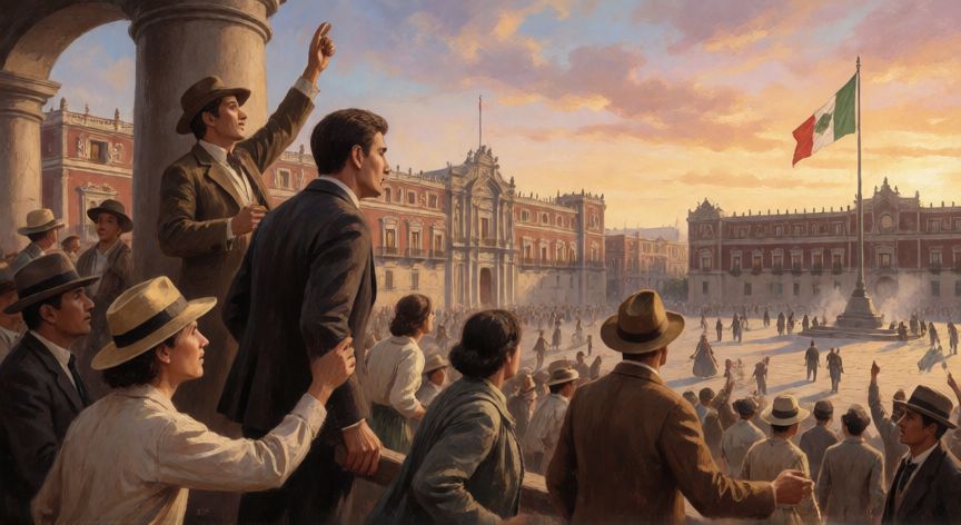 que ocurrio durante 300 años en el territorio mexicano, Escena histórica de la Revolución Mexicana en el Zócalo con luz de atardecer