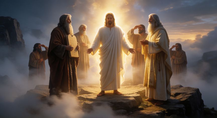 qué ocurrió durante la transfiguración, Representación artística de la transfiguración de Jesús en el monte con Moisés y Elías